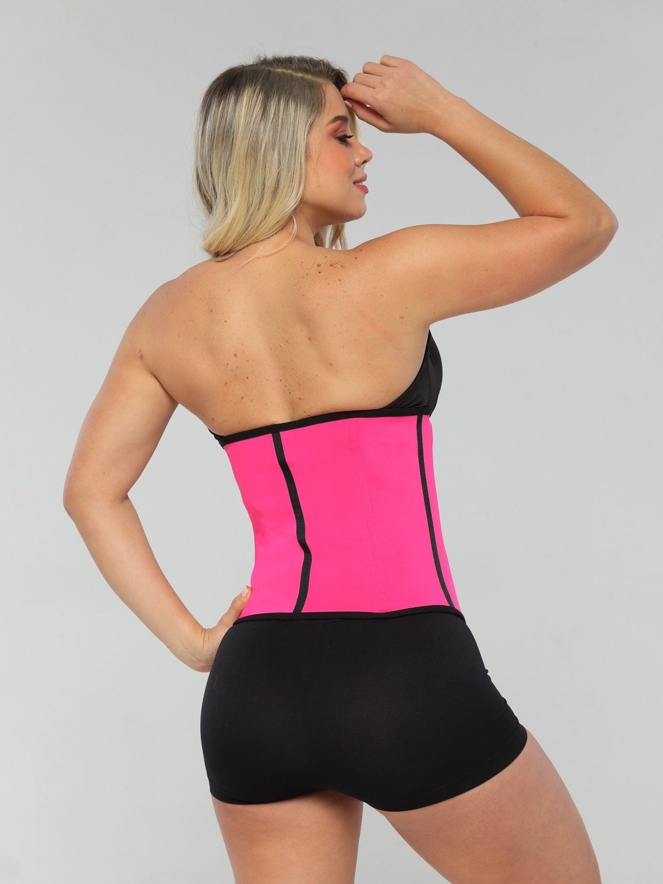 Full back view of Pink Sports Latex Covered Workout Waist Trainer.