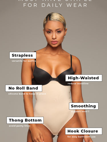 Front view of Daily Use Smooth Compression Strapless Bodysuit functionalities and features.